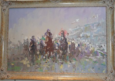 Lot 855 - William Norman Gaunt FIAL, NDD (1918-2001) Racehorses on the Home Straight passing a Grandstand Oil