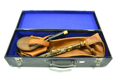 Lot 2145 - Northumbrian Pipes with seven keyed chanter and leather bellow, in hard case