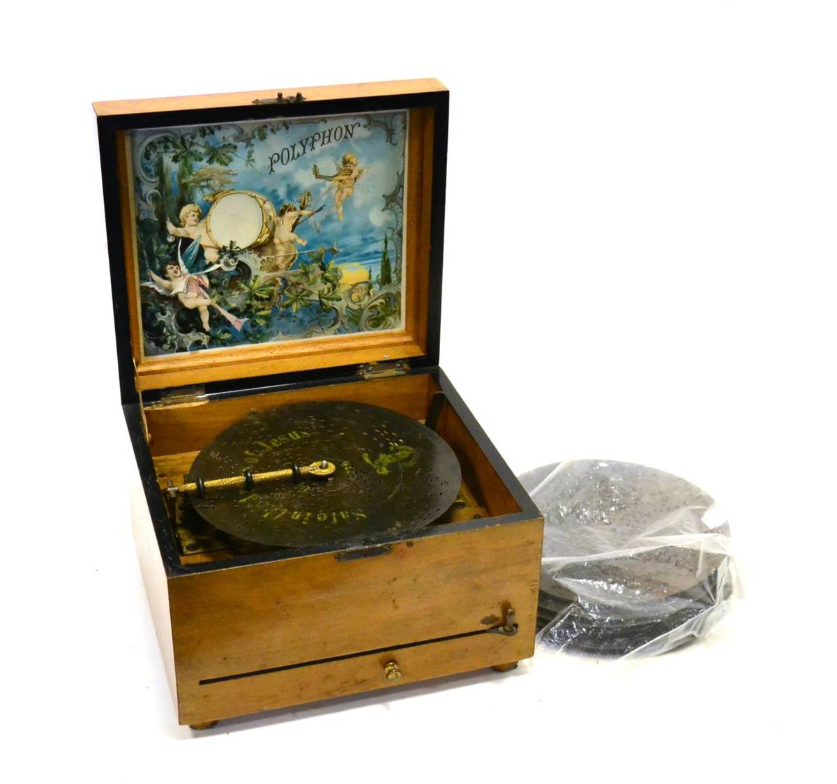 Lot 2155 - Polyphon Table Top Disc Music Box lever wind playing 8' discs, with single piece comb,...