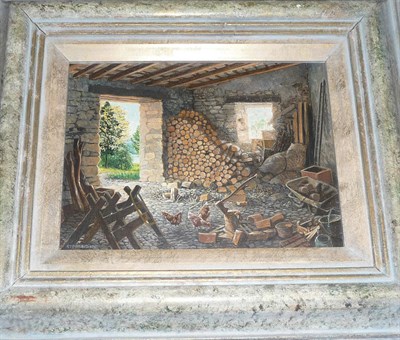 Lot 858 - Stephen Darbishire RBA (b.1940)  "The Old Woodshed" Signed, inscribed on an exhibition label verso