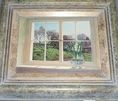 Lot 859 - Stephen Darbishire RBA (b.1940)  "Snowdrops and Hyacinths" Signed, inscribed on an exhibition label