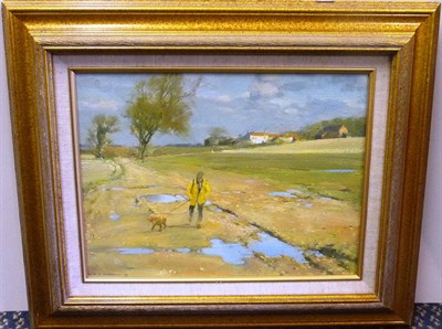 Lot 861 - David Jan Curtis (b.1948)  Man Walking a Dog on a Country Lane Signed and dated (19)99, oil on...