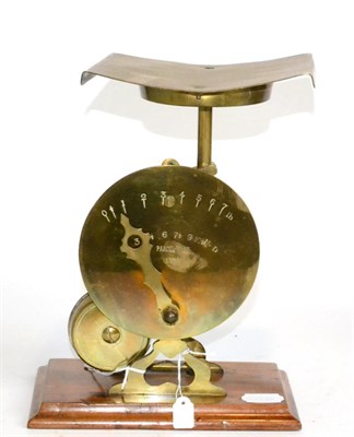 Lot 2253 - Parkins & Gotto Brass Parcel Post Scales with curved square plate, graduated from 0 to 7lb (0 to 10