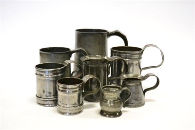 Lot 2256 - Pewter/Tin Liquid Measures with various patterns Quart, Pint and 1/2 Gill (all stamped VR);...