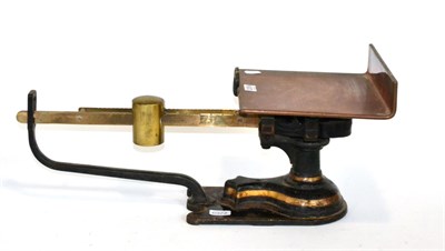 Lot 2269 - Sliding Weight Parcel Scales with copper flat pan, twin brass beams (0-10lb and 0-16oz) on cast...