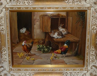 Lot 870 - Carl Andrew Whitfield (b.1958)  Farmyard Scene with Hens and Chicks, rabbits and a duck nearby...