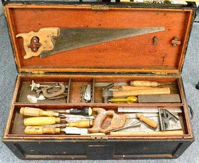 Lot 2295 - An Early Wooden Toolbox Inscribed George Warwick, with lift out trays containing wooden handled...