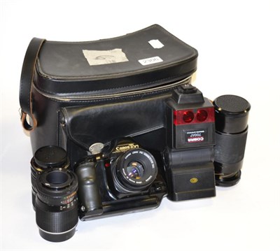 Lot 2306 - Canon T90 Camera with FD f1.8, 50mm lens; and three other lenses: Tamron f3.8, 80-210mm,...