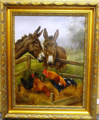 Lot 873 - Carl Andrew Whitfield (b.1958)  Two Donkeys, Cockerel and Hens beside a Briar Signed, inscribed...