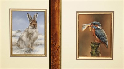 Lot 874 - Carl Andrew Whitfield (b.1958)  Kingfisher standing on a Wooden Stump holding a Fish; Hare in a...