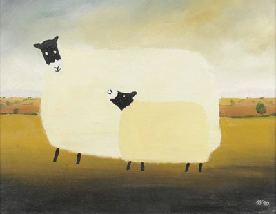 Lot 876 - Mackenzie Thorpe (b.1956)  Two Sheep in an Open Field, extensive landscape beyond Signed with...