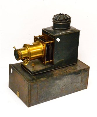 Lot 2369 - J W Magic Lantern with 7in lens and additional 10 1/2' lens, engraved 'M W Dunscombe Ltd, Opticians