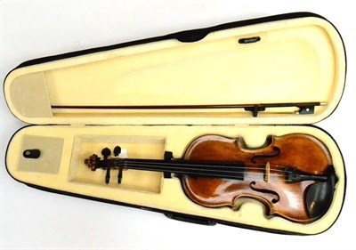 Lot 2005A - German Stradivarius Copy Violin with ebony tuning pegs, two piece back with box in lightweight...