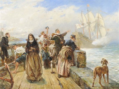 Lot 888 - Robert Alexander Hillingford (1825-1904) "Leaving Port", figures saying their farewell to a...