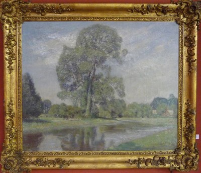 Lot 908 - William Hartley Waddington (1883-1961) Summer River Landscape with a Shepherd and Sheep beside...