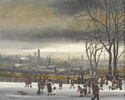 Lot 915 - Brian Shields "Braaq" (1951-1997) Winter Scene with Figures in a Northern Industrial Town...