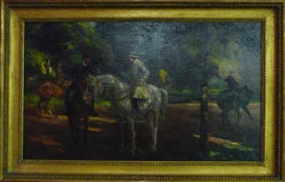 Lot 920 - Attributed to John Atkinson (20th century) Figures on Horseback in a Wooded Landscape Oil on...