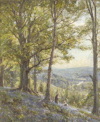 Lot 932 - Herbert Royle (1870-1958) Figures Picking Bluebells above Wharfedale with Bolton Abbey in the...