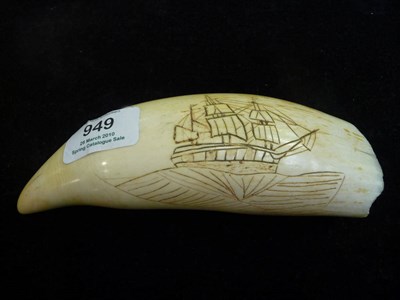 Lot 949 - A Scrimshaw Sperm Whale Tooth, late 19th century, incised on one side with a three-masted...