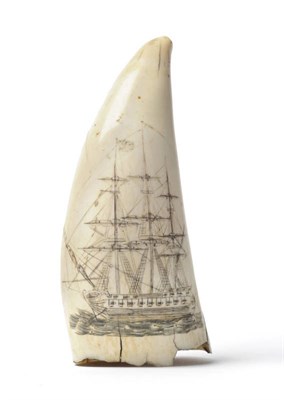 Lot 950 - A Scrimshaw Sperm Whale Tooth, probably 19th century, incised on each side with a three-masted...