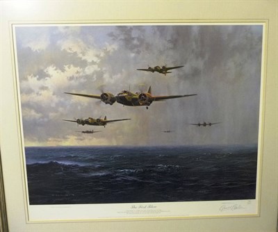 Lot 56 - Gerald Coulson - "The First Blow", depicting Blenheim aircraft in flight over the sea, signed...