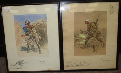 Lot 74 - Charles Johnson Payne (Snaffles) - "Anzac", hand coloured print laid down, with remarque and...