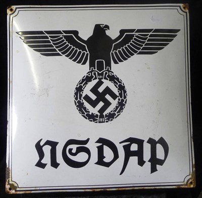 Lot 95 - A German Third Reich NSDAP Enamelled Metal Sign, of square form, with black eagle and swastika over