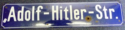 Lot 96 - A German Third Reich Blue Enamelled Metal Sign "Adolf-Hitler-Str.", with white lettering, 20cm...