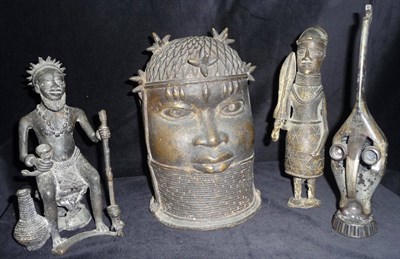 Lot 188 - A Benin, Nigeria Bronze Bust of an Oba, the shallow domed and lattice woven headdress set with...