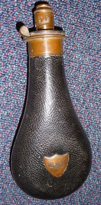 Lot 221 - A Leather Covered Metal Powder Flask by J & G W Hawksley, of typical pear shape, set with a...