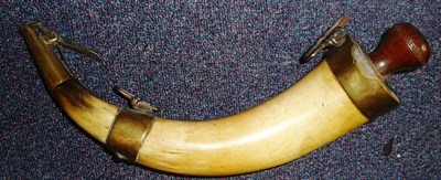 Lot 225 - An Early 19th Century Powder Horn, with walnut screw-in stopper, brass bands with steel sling...