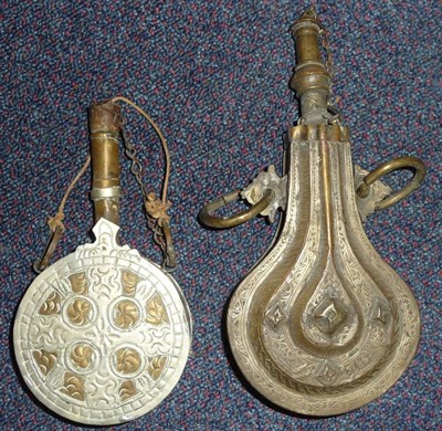 Lot 227 - An Indo Persian Brass Powder Flask, of angular  pear shape, one side with raised panelled...