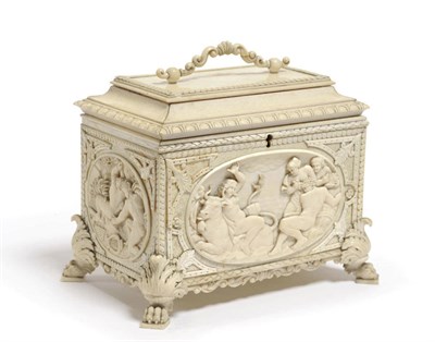 Lot 1035 - A Carved Ivory Casket, Dieppe, circa 1850, of rectangular section, the lid with scroll and...