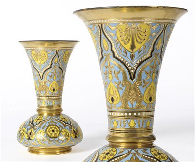 Lot 1045 - A Pair of Late 19th Century Elkington & Co Electro Gilt and Champleve Enamel Flared Vases,...