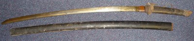 Lot 120 - A Japanese Katana, the 67.5cm Koto steel blade broken at the tip, the one piece copper habaki...