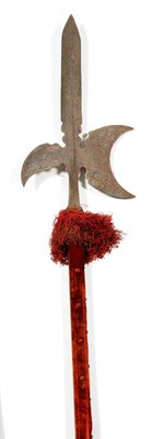 Lot 141 - A 17th Century German Parade Halberd, the broad blade with medial ridge and wavy base, crescent...