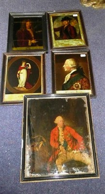 Lot 1049 - A Group of Five Reverse Prints on Glass, 18th century, comprising George III (after Myers), 36cm by