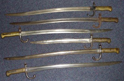 Lot 153 - Three French Model 1866 "Chassepot" Yataghan Sword Bayonets, each with T section blade engraved...