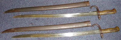 Lot 185 - Two French Model 1866 Chassepot Yataghan Sword Bayonets, each with T section steel blade, the...