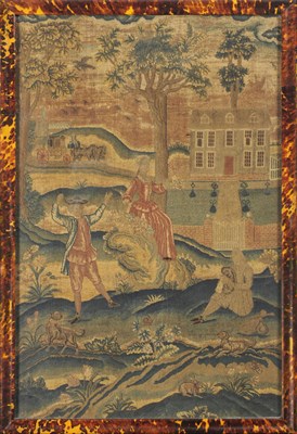 Lot 1055 - An Embroidered Panel Depicting Figures in Front of a Country House, English, circa 1750, worked...