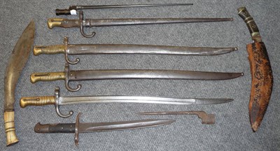 Lot 224 - Three French Model 1866 "Chassepot" (Yataghan) Sword Bayonets, two with steel scabbards; a...