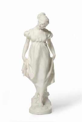 Lot 1061 - An Italian Carved White Alabaster Figure of a Young Woman, "Stepping Stones", circa 1880, with...