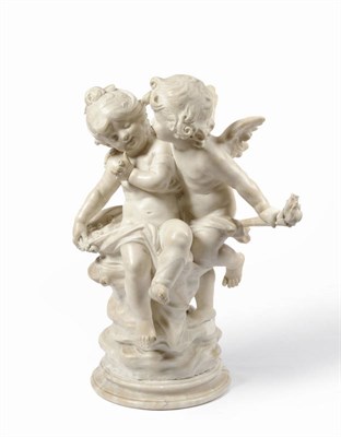 Lot 1063 - Italian School: A Carved White Alabaster Figure Group of a Putto and Child, circa 1900, the...