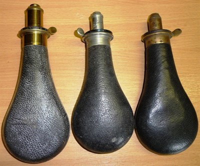 Lot 302 - A Sykes Patent Leather Covered Metal Powder Flask, of typical pear shape, the lacquered brass...