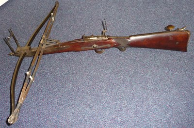 Lot 392 - A 19th Century English Stonebow,  the walnut stock with chequered grip, steel double scroll trigger