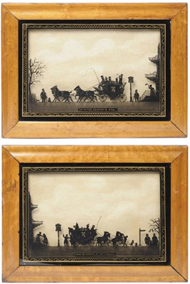 Lot 1078 - A Pair of Reverse Painted Glass Coaching Scenes, circa 1900, each rectangular, titled Onto the...