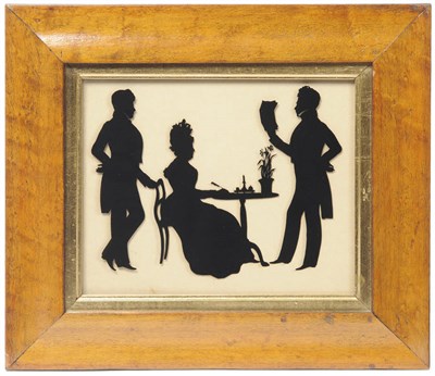 Lot 1079 - A Silhouette Cutout Family Group, 19th century, as a lady seated at a tripod table writing, as...