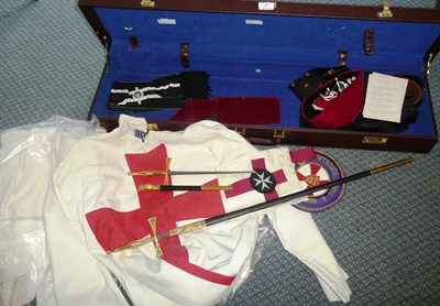 Lot 61 - A Set of Knights Templar Regalia, comprising mantle, tunic, black gloves, crimson cap, Past...