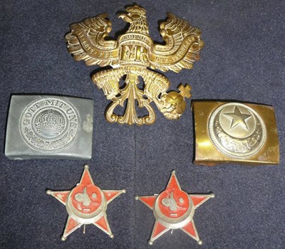 Lot 76 - A Prussian "Pickelhaube" Helmet Plate; a German Third Reich Belt Buckle, "Got Mit Uns"; a...