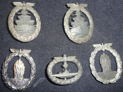 Lot 154 - Five German Third Reich Kriegsmarine Badges, comprising:- two Minesweepers, Sub Chasers and...